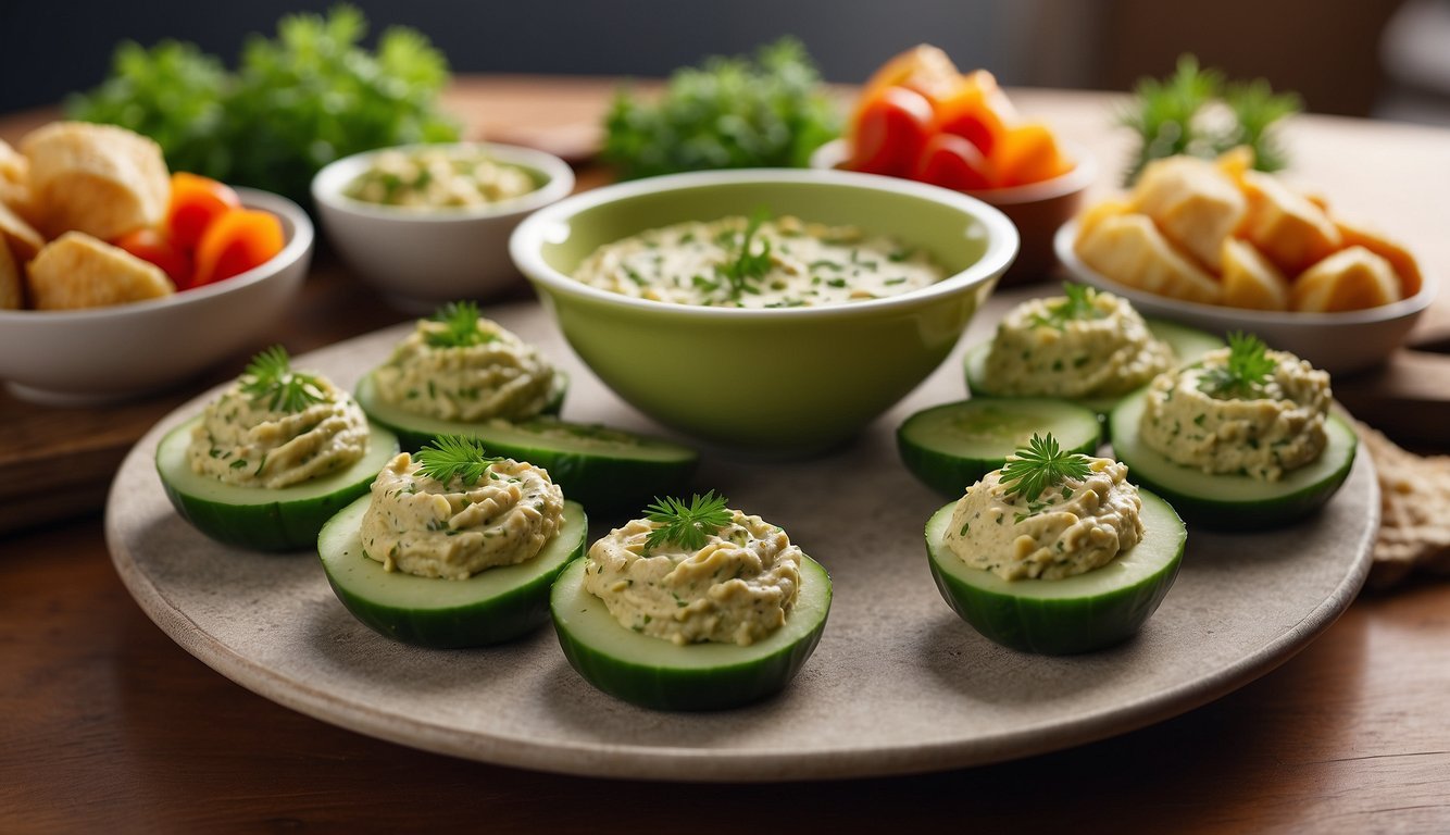 A table set with small cups filled with cucumber dill hummus, surrounded by colorful vegan appetizers