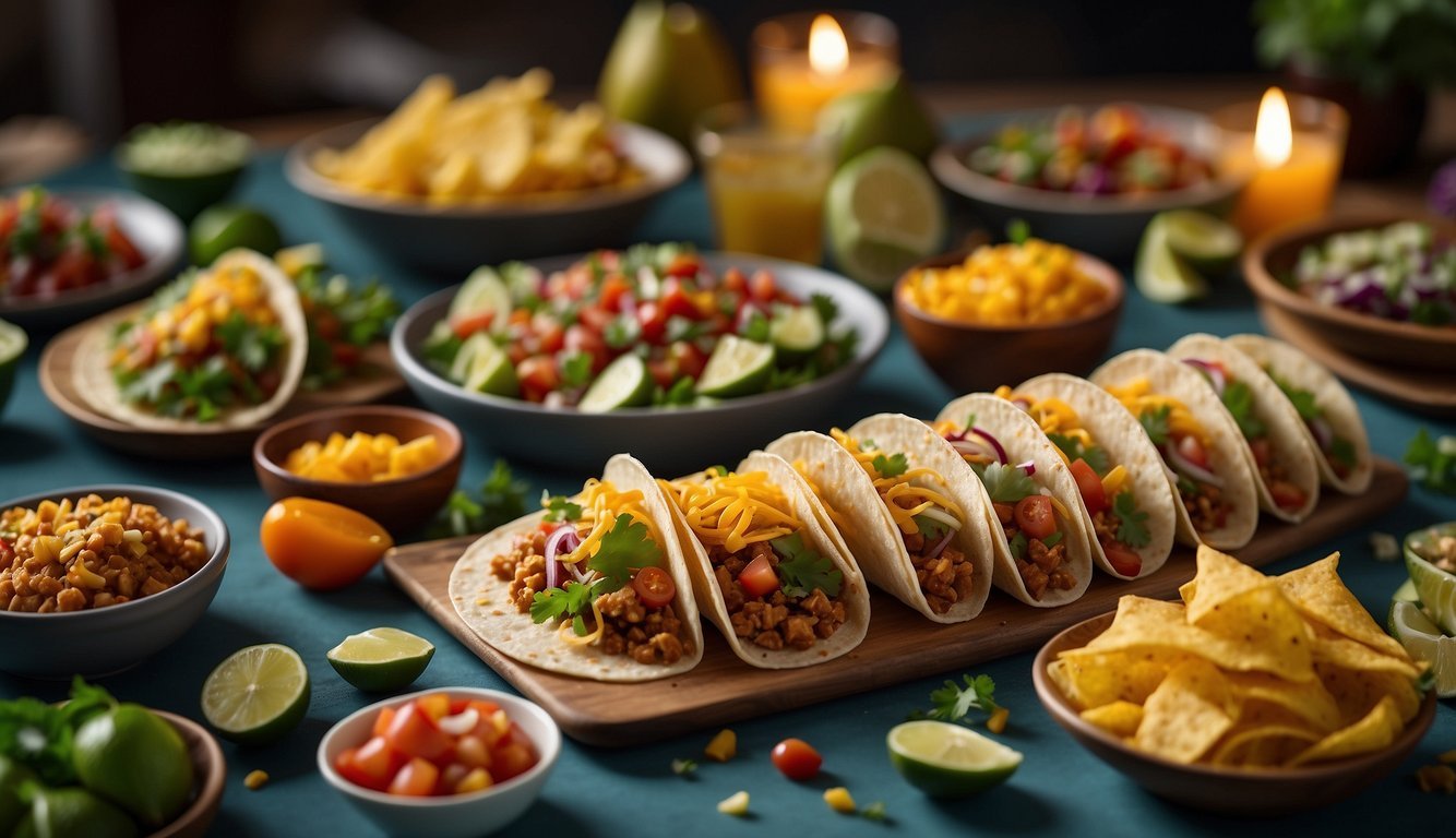 A colorful spread of mini jackfruit tacos surrounded by vibrant vegan appetizers on a party table