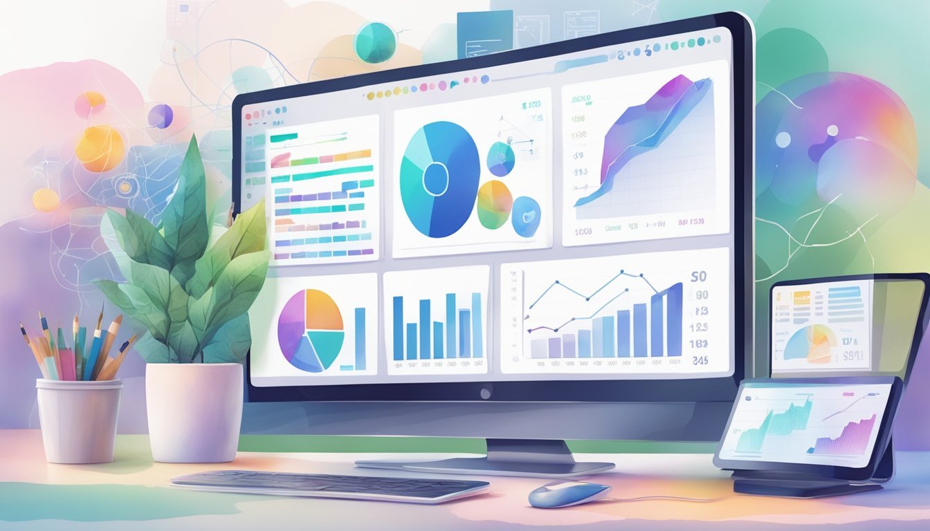 A computer monitor displaying various AI-driven marketing strategies with a graph showing growth, surrounded by digital devices and data charts