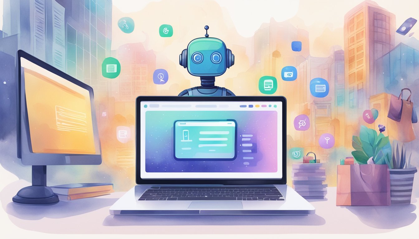 A chatbot interacts with customers on a laptop screen, while an e-commerce website is displayed in the background.</p><p>AI applications are shown optimizing the side hustle