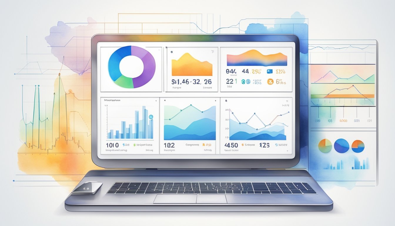 An AI-powered computer screen displays customer data for an e-commerce business, with various graphs and charts showing insights and applications for optimization