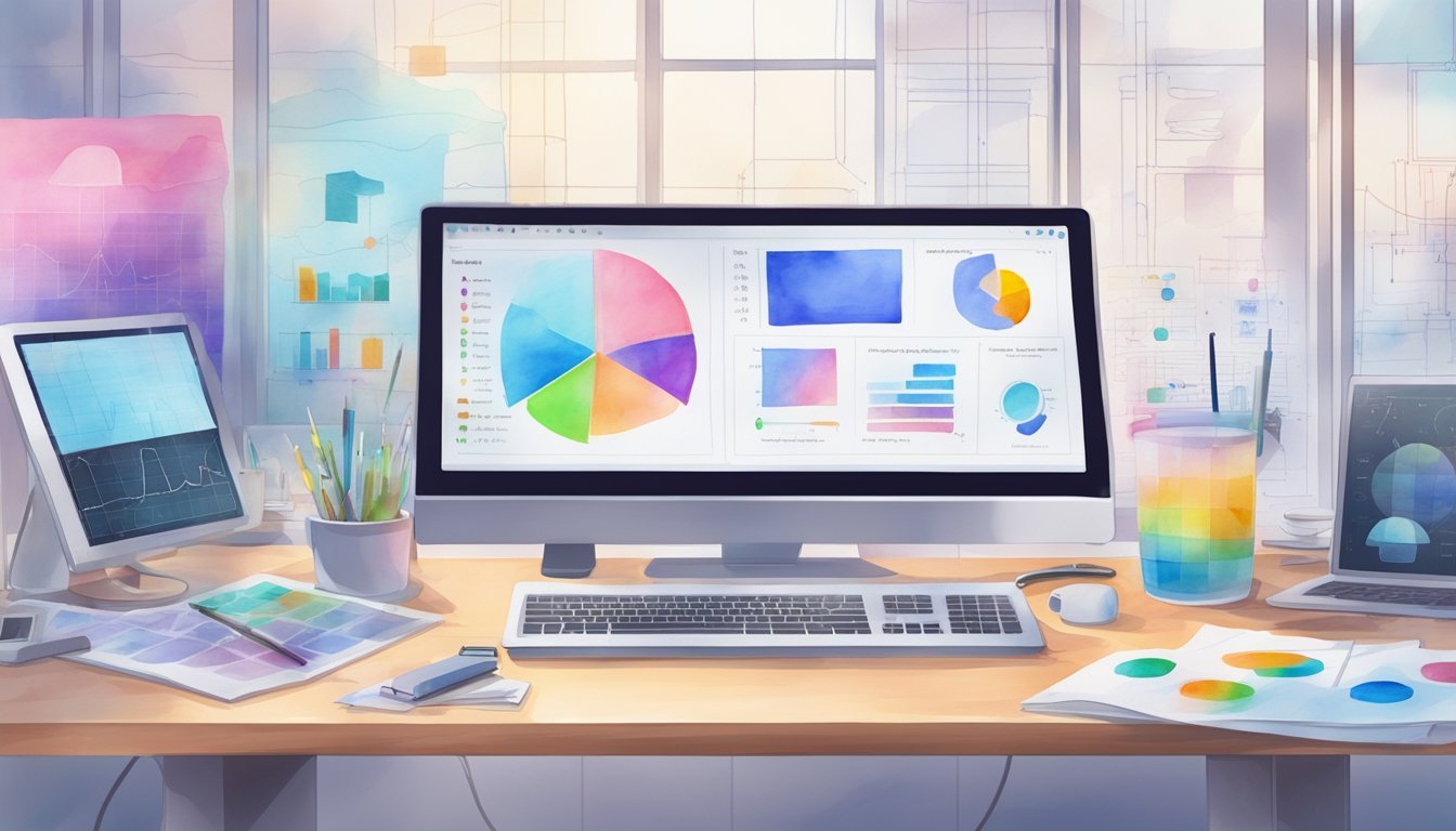 A computer desk with various AI tools and digital products displayed on the screen.</p><p>Monetization charts and graphs are visible in the background