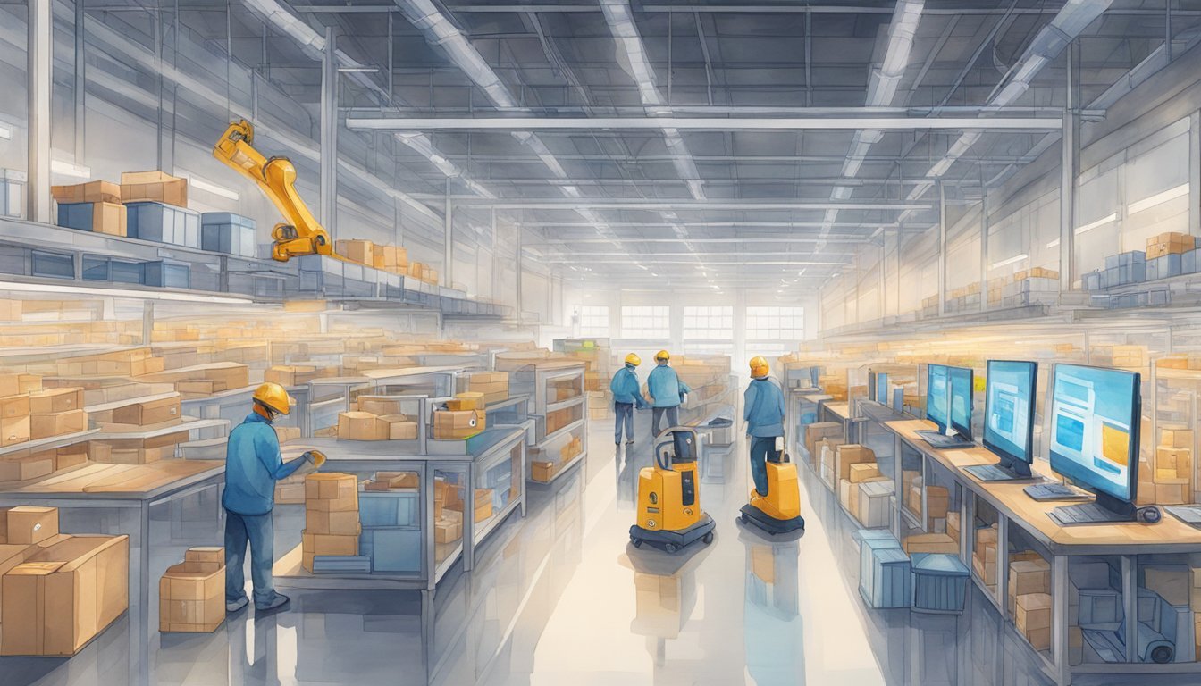 A bustling e-commerce warehouse with AI robots sorting and organizing products for efficient distribution.</p><p>Various AI applications are displayed on screens, optimizing the workflow