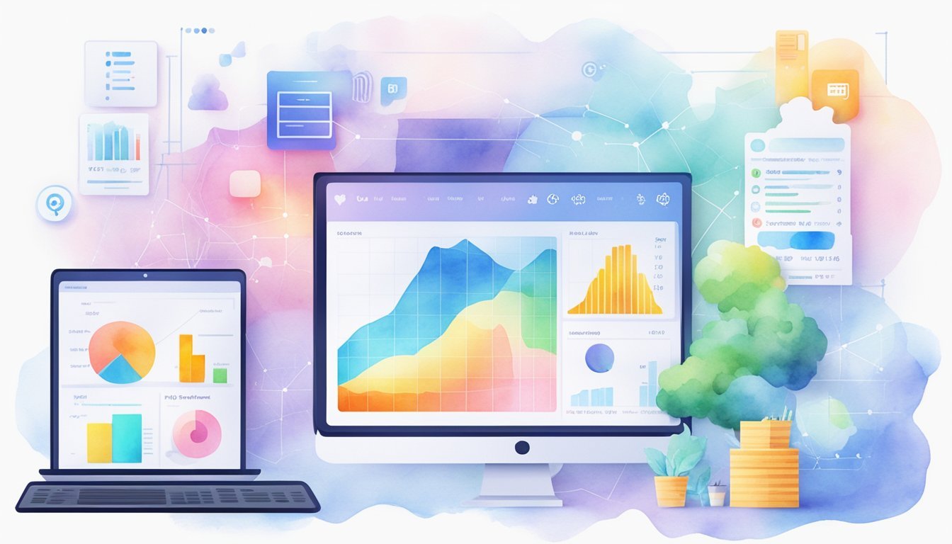 A computer screen displaying various AI applications for e-commerce optimization.</p><p>Graphs and data visualizations show monitoring and scaling of AI solutions