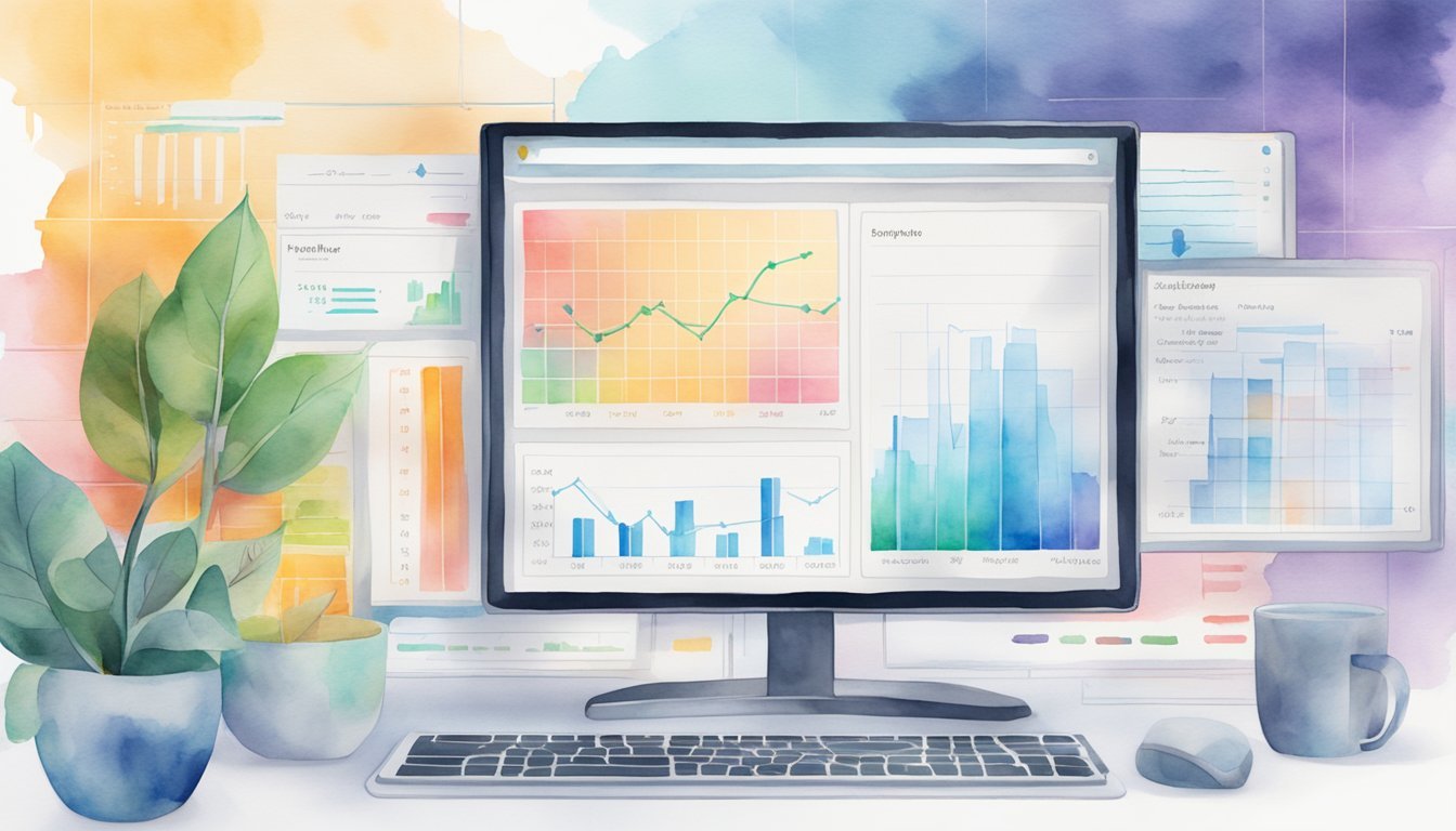 A computer screen displays graphs and data, while AI algorithms run in the background, identifying profitable niche markets online