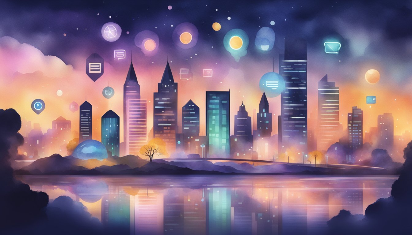 The website's homepage showcases 7 key features with interactive icons and text descriptions.</p><p>The background features a futuristic cityscape with glowing lights