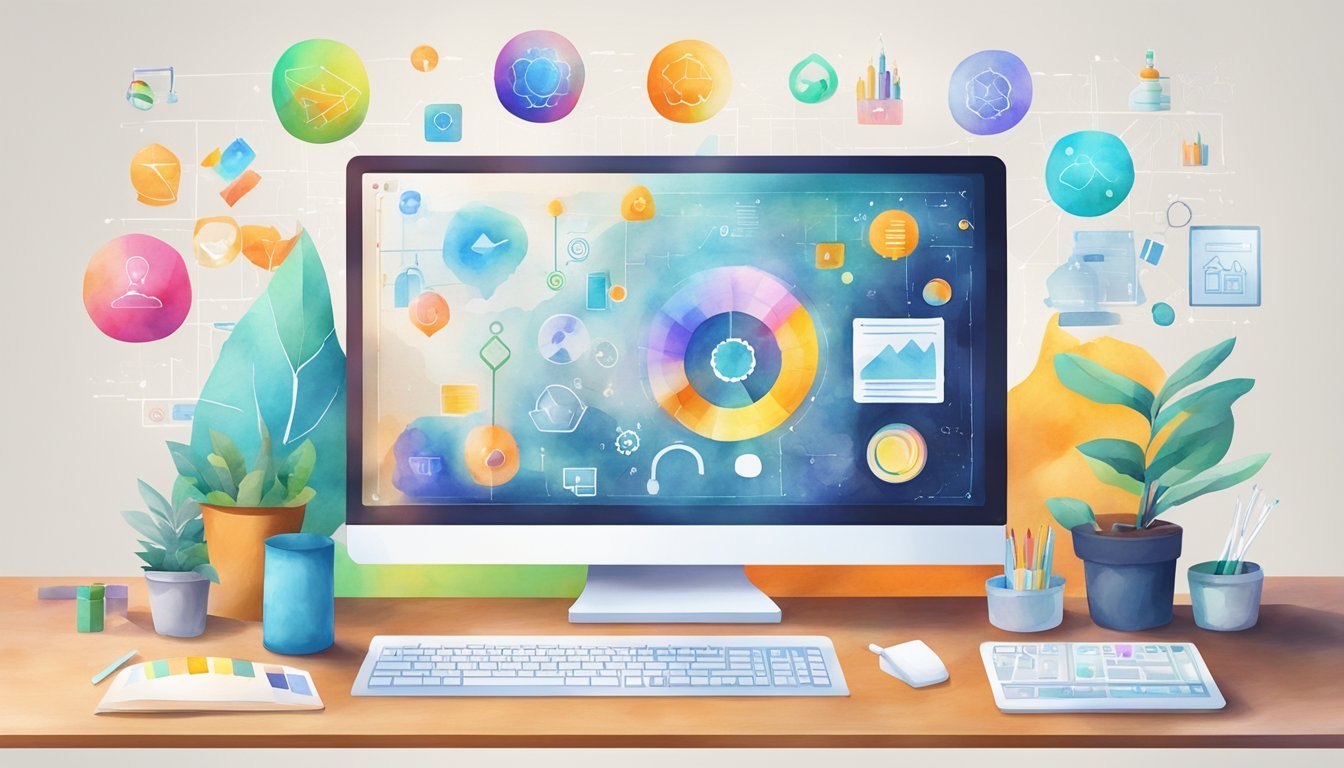 Various AI tools displayed on a digital screen, surrounded by icons and graphs.</p><p>A sense of organization and growth is depicted through the use of vibrant colors and clean lines