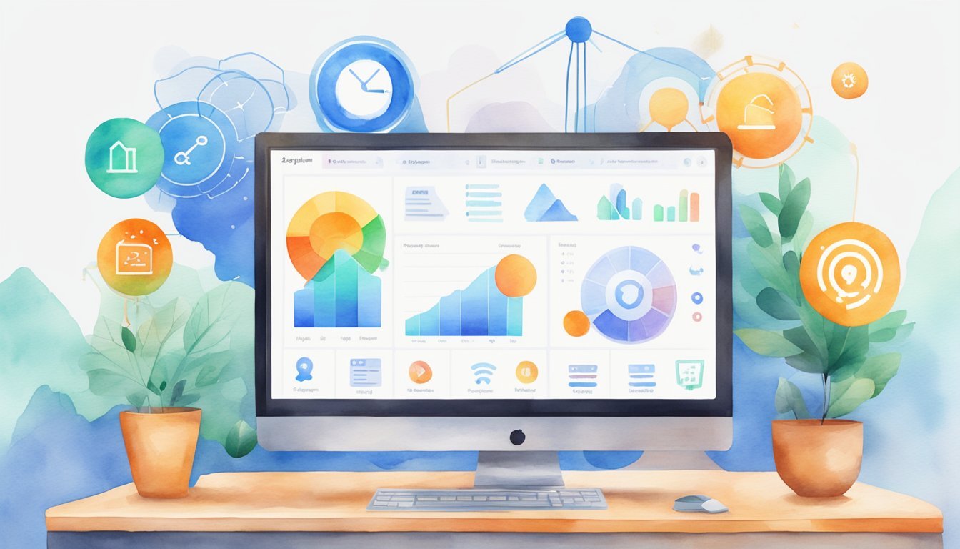 A computer screen displaying Zapier and 8 AI tools for online community management.</p><p>Icons and graphs represent automation and growth