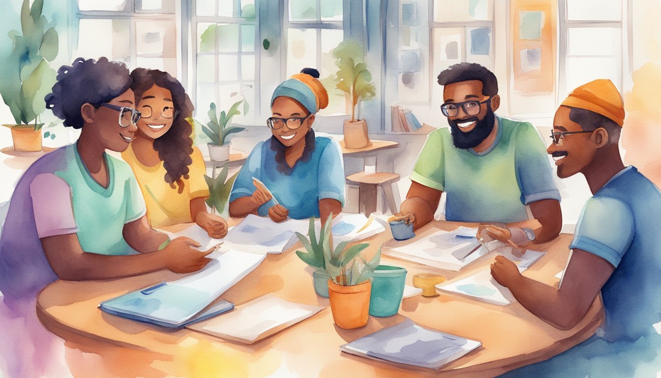 A diverse group of cartoon characters engage in lively discussions, share tips, and collaborate on projects in a vibrant digital community space