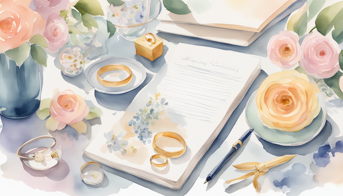 A table set with wedding essentials: rings, flowers, invitations, cake, and decorations.</p><p>A checklist and pen sit nearby