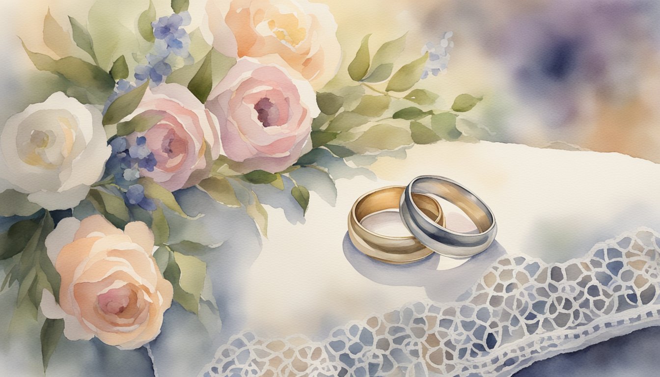 Two wedding rings resting on a delicate lace pillow, surrounded by soft candlelight and fresh flowers