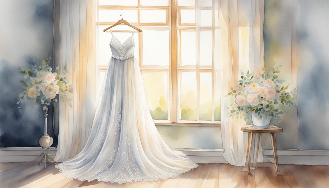 A white bridal gown hanging on a sleek, modern clothing rack surrounded by soft, romantic lighting and delicate lace accents