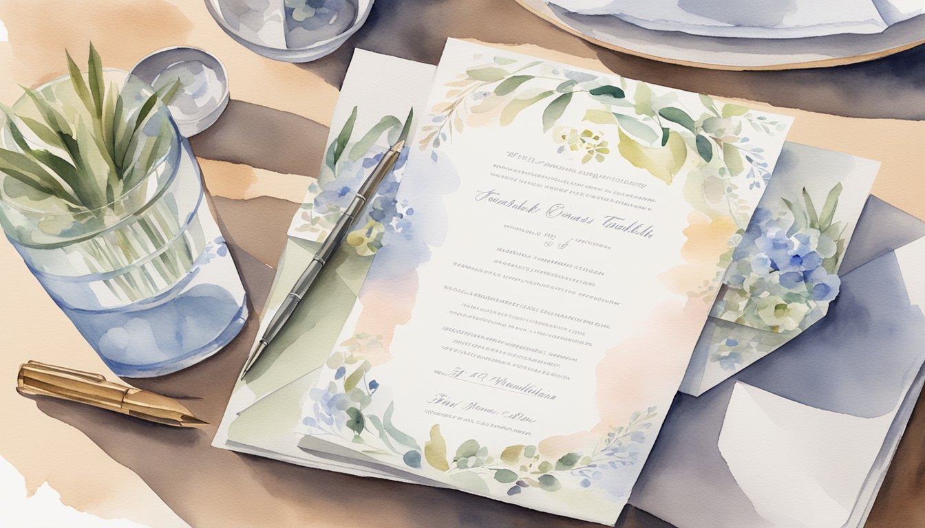 A table set with wedding invitations, checklist, pen, and decorative elements