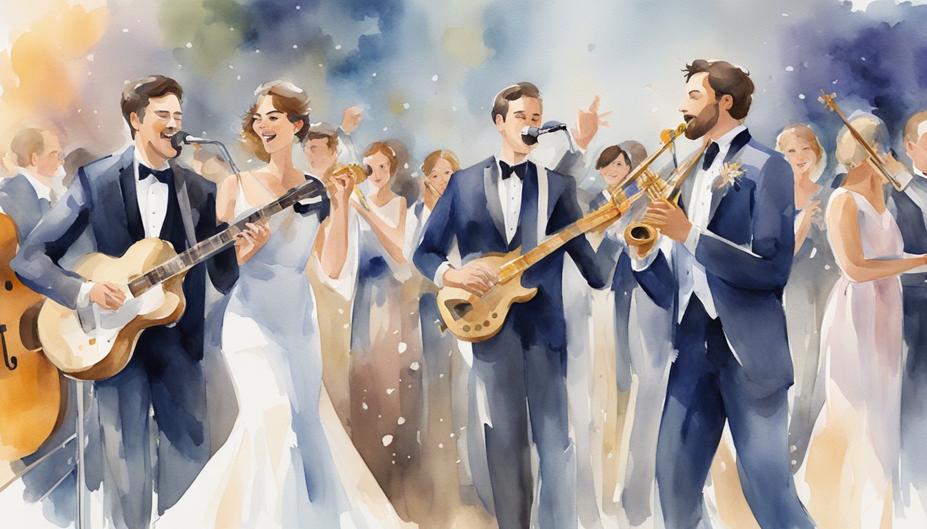 A lively music band performs on a stage at a wedding.</p><p>Instruments and microphones are set up, and the band members are dressed in formal attire.</p><p>The crowd is enjoying the music and dancing