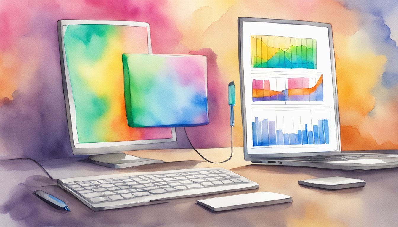 A colorful price tag with "CharacterAI" displayed, a graph showing fluctuating prices, and a computer screen with pricing details