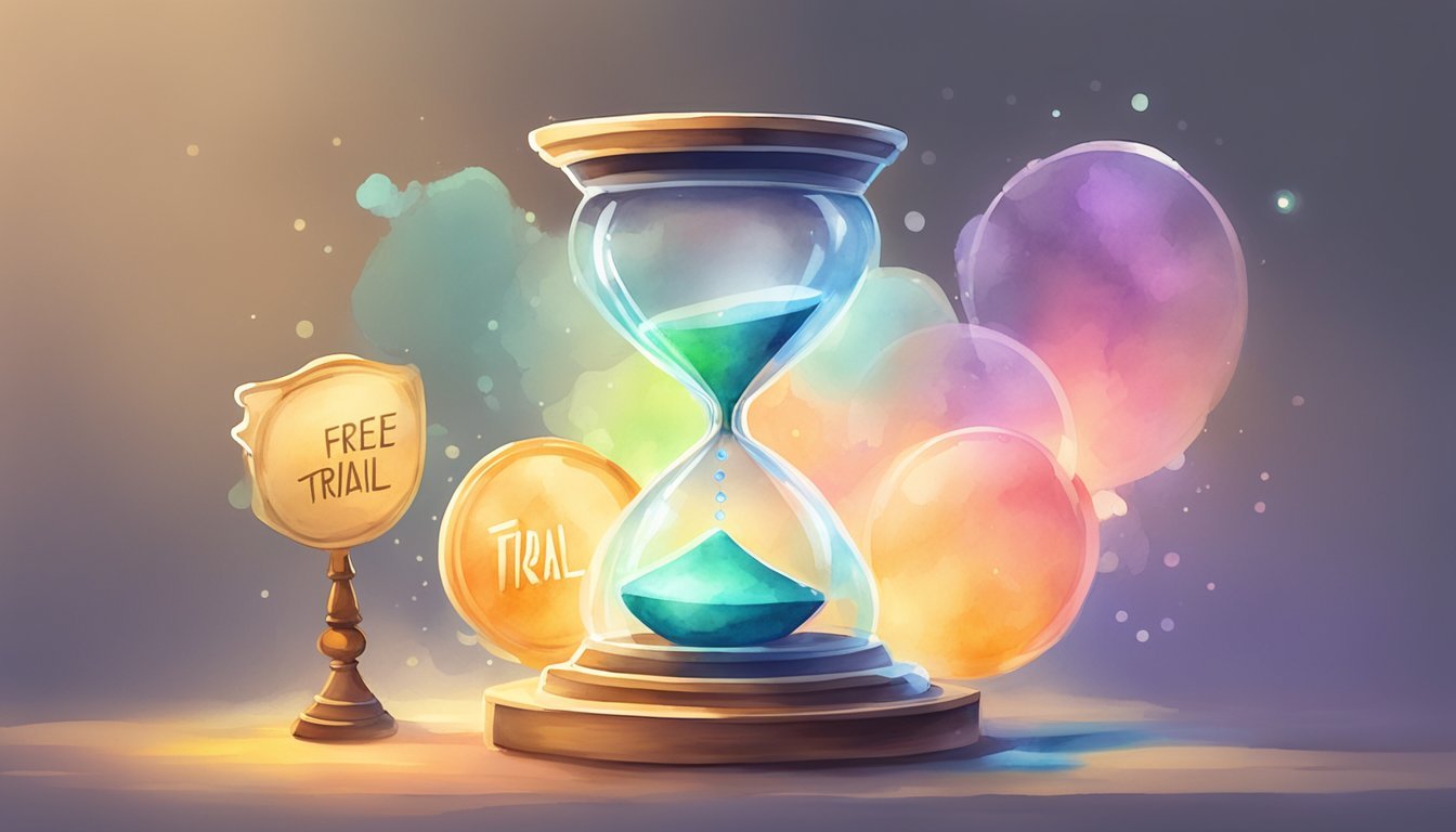 A glowing hourglass with "Free Trial" label, 3 floating speech bubbles with "CharacterAI Pricing" text, and a spotlight illuminating the scene