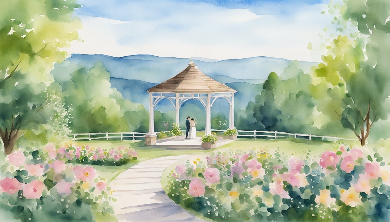 A picturesque outdoor wedding venue with lush greenery, blooming flowers, and a charming gazebo set against a backdrop of rolling hills and a clear blue sky