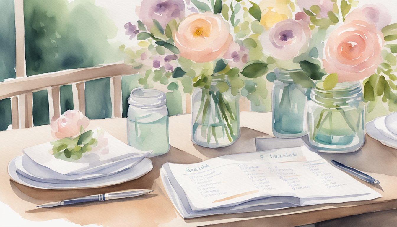 A table with a wedding checklist, budget planner, and essential items such as flowers, invitations, and venue options