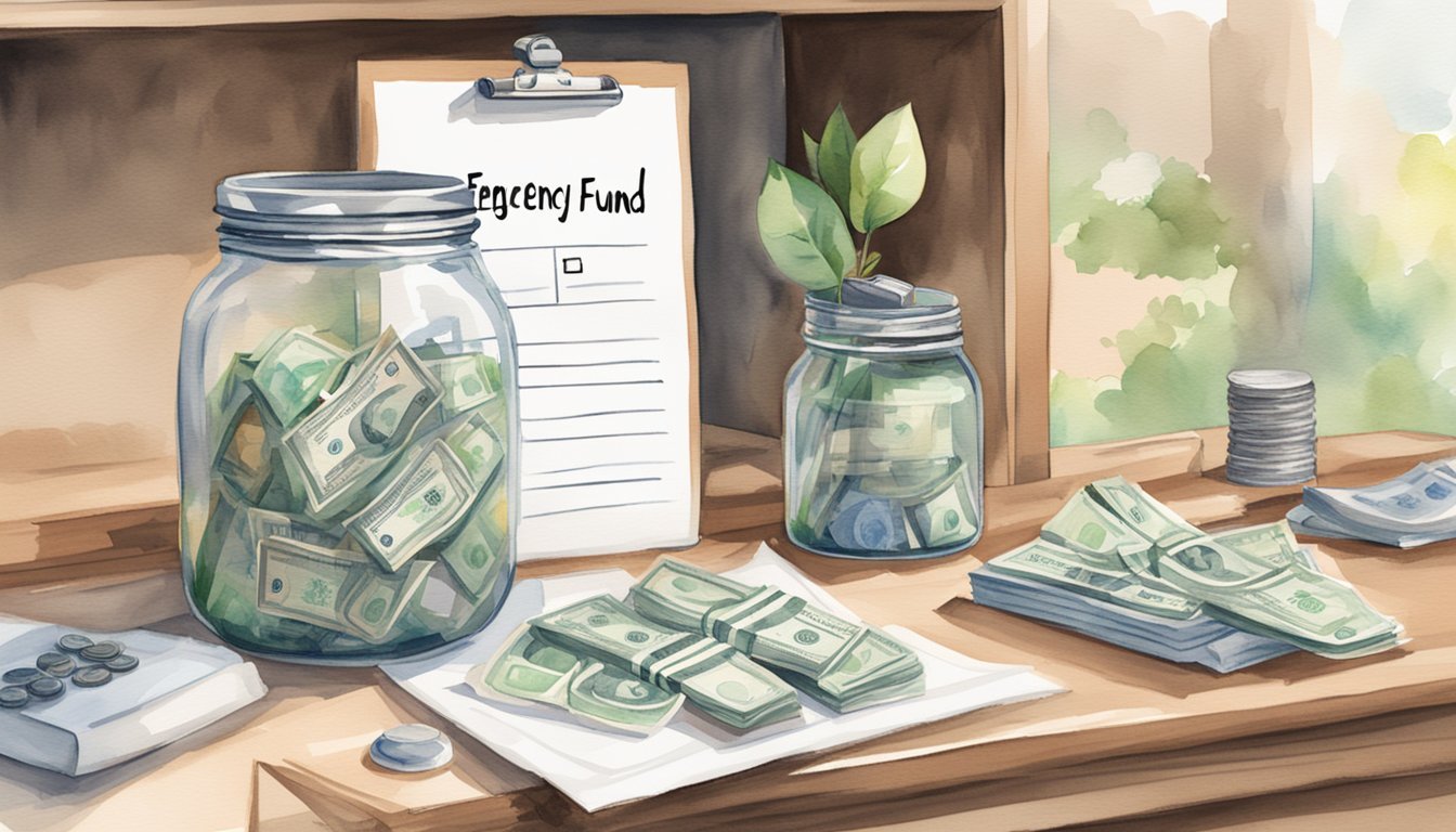 A glass jar filled with money labeled "Emergency Fund" sits on a shelf.</p><p>Beside it, a wedding budget checklist with 7 steps is pinned to the wall