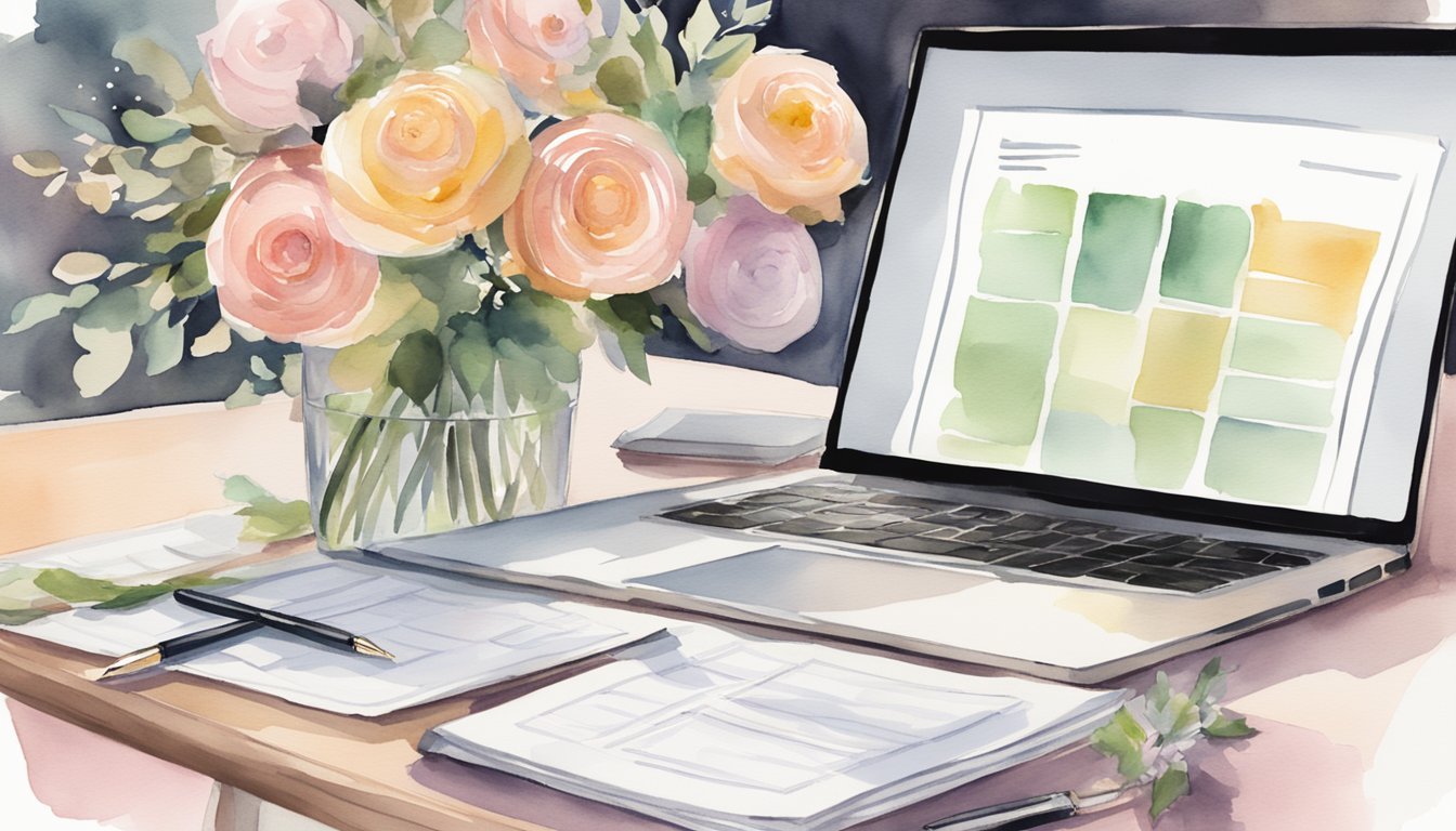 A table with a contract, pen, and checklist.</p><p>A wedding magazine and a laptop open to a vendor's website.</p><p>Flowers and a wedding ring on the table