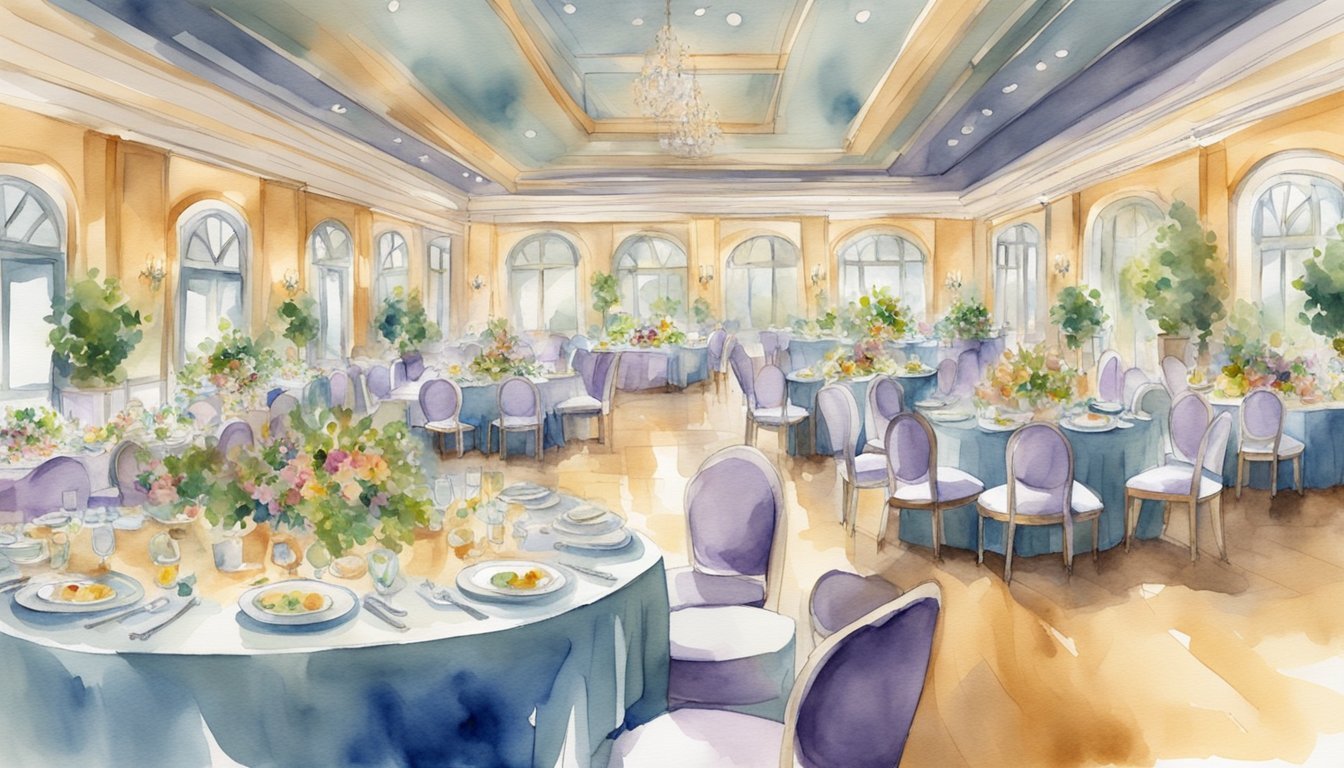 A beautifully decorated banquet hall with elegant table settings and a variety of delicious dishes displayed on a long buffet table