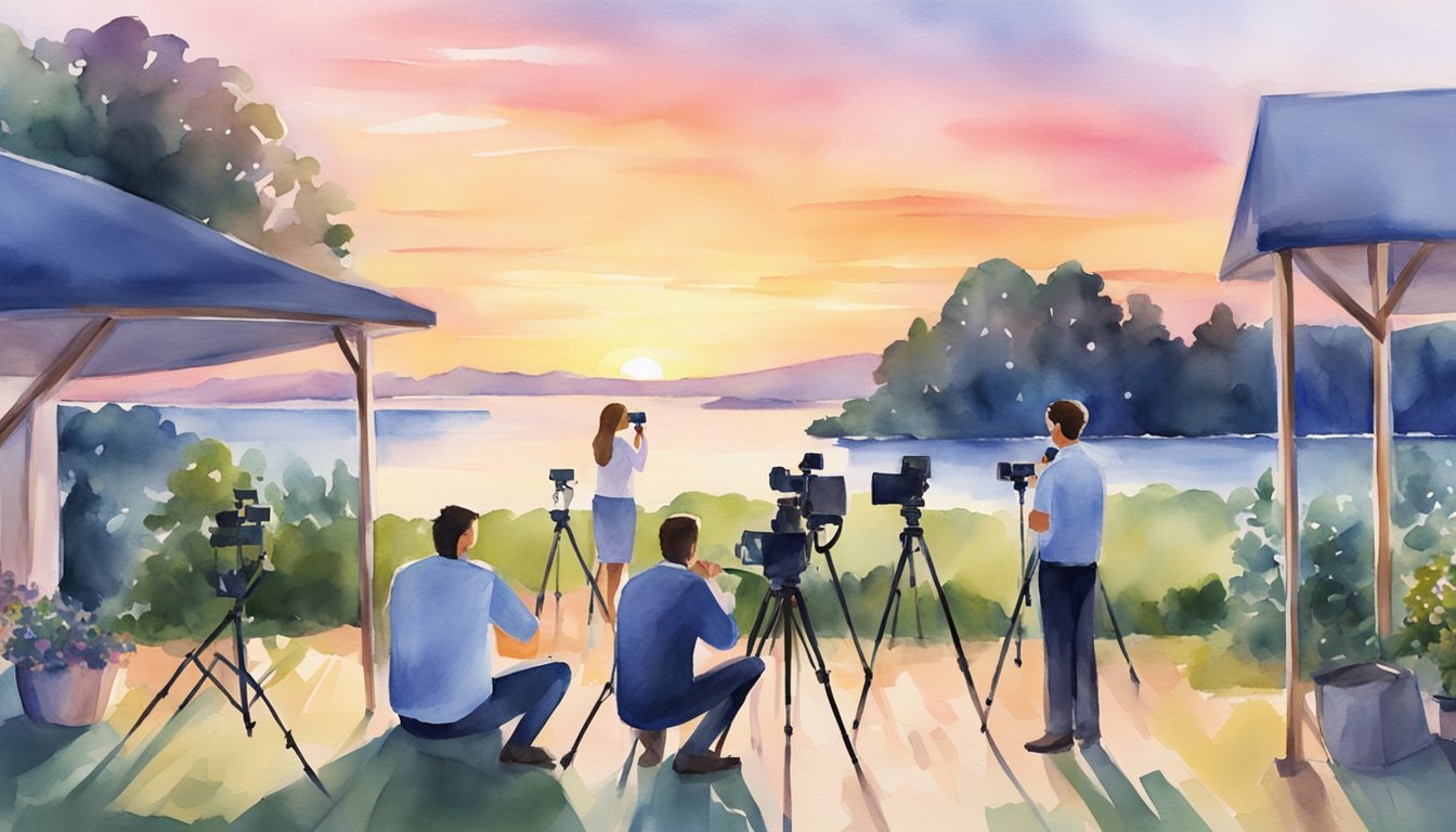 A wedding videographer setting up cameras and equipment at a picturesque outdoor venue, with a beautiful sunset in the background