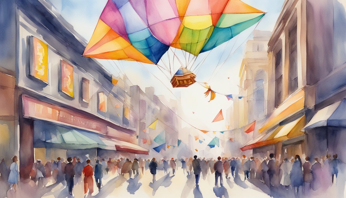 A colorful kite flies high above a bustling cinema, surrounded by vibrant wedding videographers