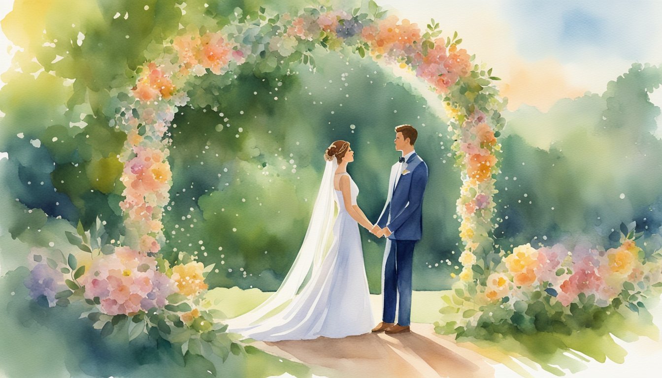 A bride and groom stand under a floral arch, surrounded by lush greenery and twinkling lights.</p><p>The sun sets in the background, casting a warm glow over the scene