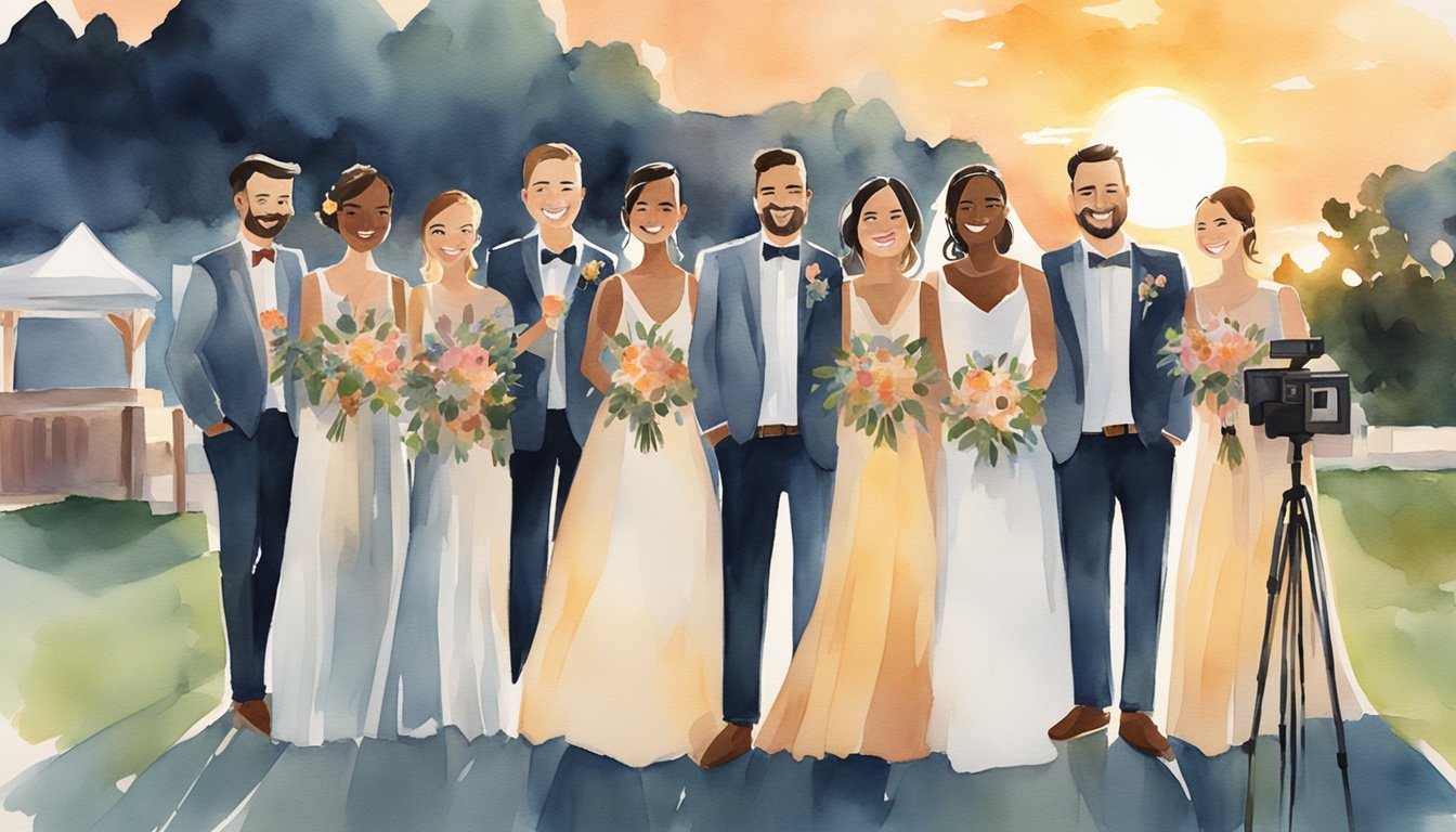 A group of eight wedding videographers from CinemaCake Filmmakers stand together, each holding a camera and smiling.</p><p>The sun is setting behind them, casting a warm glow over the scene