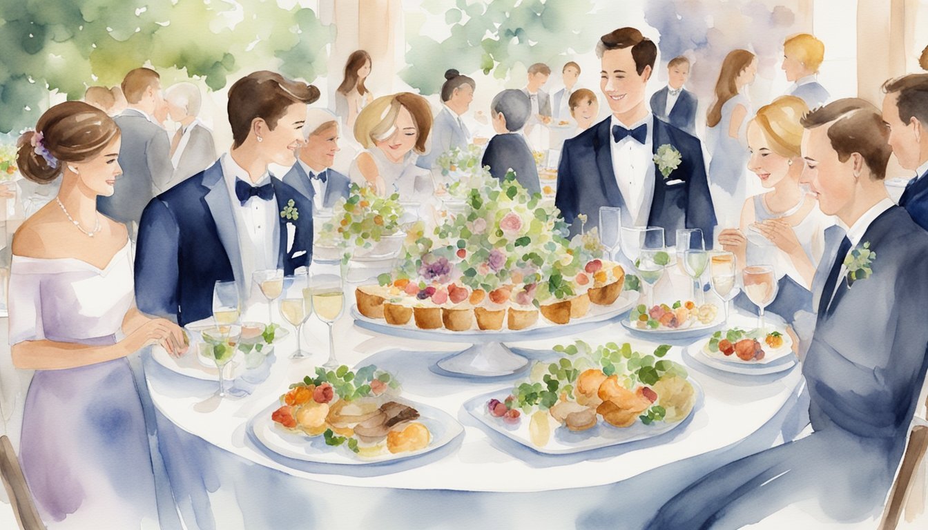 A table set with elegant place settings and a variety of delectable dishes, surrounded by happy guests enjoying the wedding caterers' delightful offerings