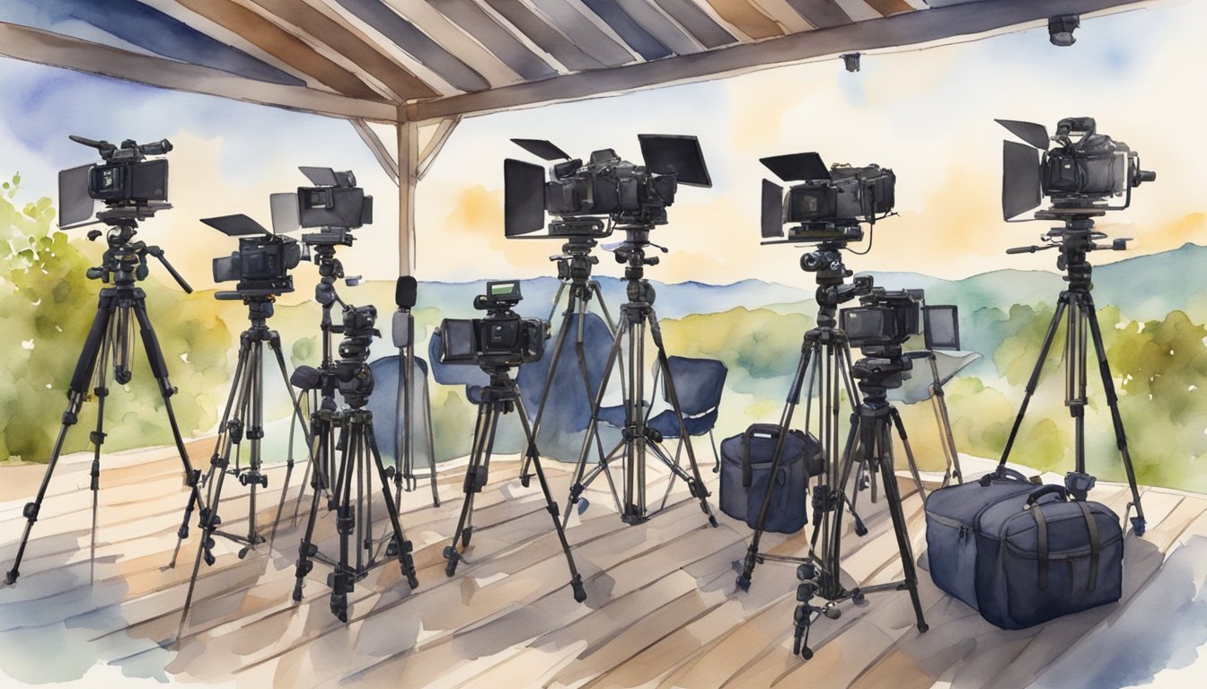 Eight videographers' equipment arranged for filming a wedding, with cameras, tripods, and lighting set up in a picturesque location