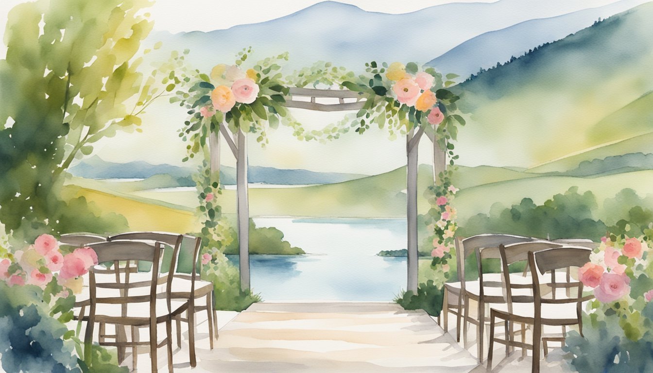 A serene outdoor wedding setting with soft natural lighting, a rustic arbor adorned with flowers, and a picturesque backdrop of rolling hills or a tranquil lake