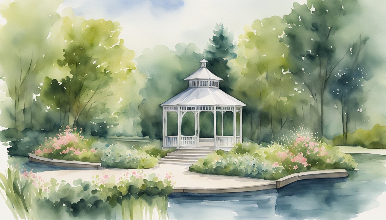 A picturesque outdoor wedding venue with lush greenery, a charming gazebo, and a serene pond, perfect for capturing timeless wedding moments