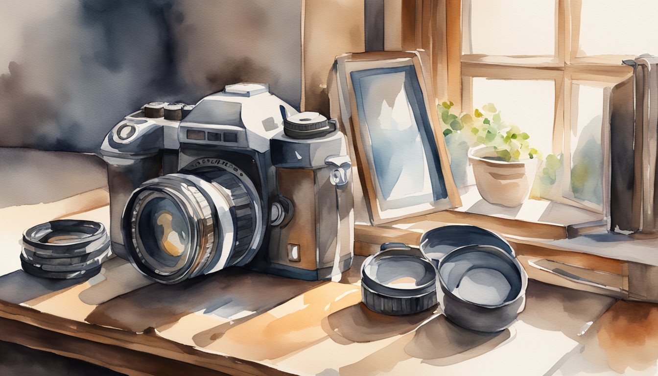 A wedding photographer's camera and equipment arranged on a rustic wooden table, with soft natural light streaming in from a nearby window