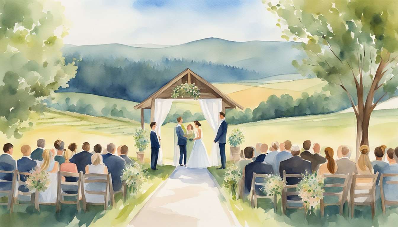 A picturesque outdoor wedding ceremony with a stunning backdrop of rolling hills, a clear blue sky, and a charming rustic barn in the distance