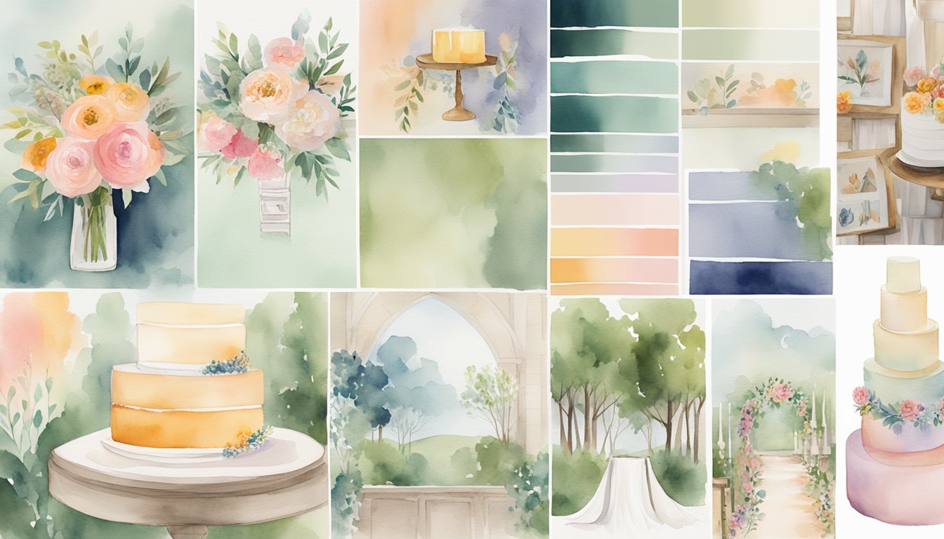 A colorful array of wedding themes, from rustic to modern, displayed on a mood board with accompanying decor and style elements