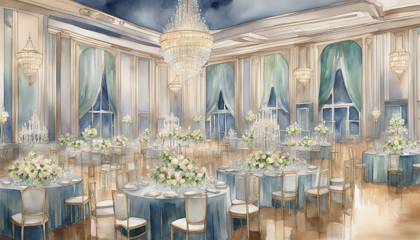 A grand ballroom adorned with art deco details, crystal chandeliers, and elegant floral arrangements.</p><p>A vintage glam wedding theme with a sophisticated and opulent atmosphere