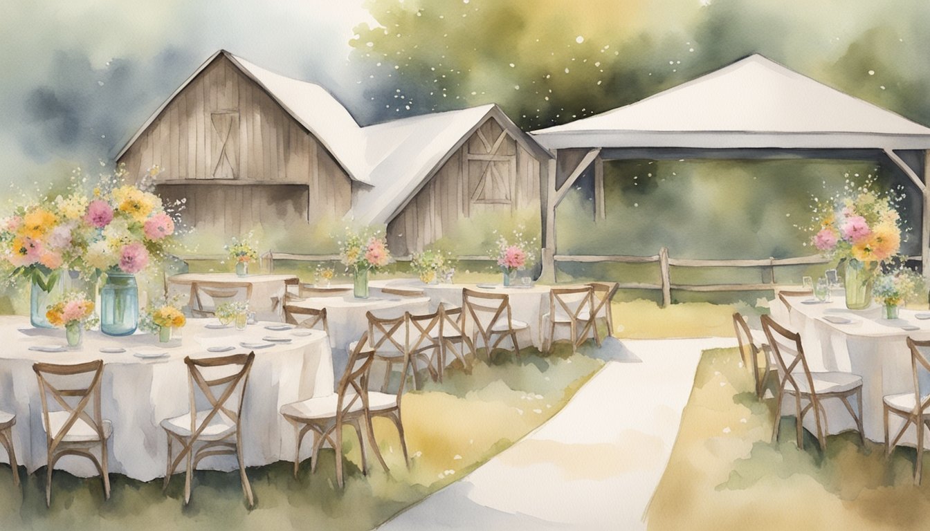 A charming rustic wedding scene with burlap and lace decor, mason jar centerpieces, and wildflower bouquets set against a backdrop of a barn or outdoor garden