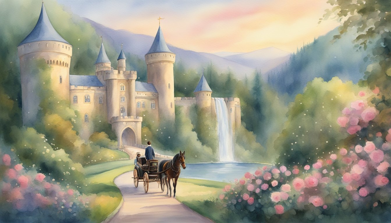 A grand castle stands amidst rolling hills, adorned with twinkling fairy lights and blooming rose gardens.</p><p>A horse-drawn carriage awaits at the entrance, while a majestic waterfall cascades in the distance