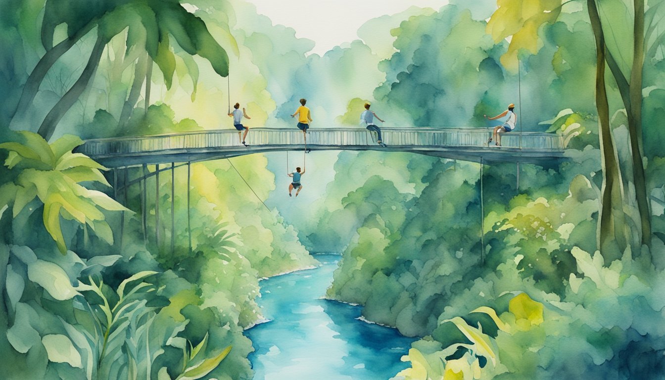 A couple zip-lining through lush jungle, bungee jumping off a towering bridge, and diving with sharks in crystal-clear waters