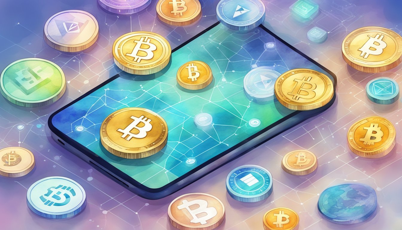 Various cryptocurrencies floating above a secure, digital wallet.</p><p>Key factors listed nearby.</p><p>Background features blockchain technology