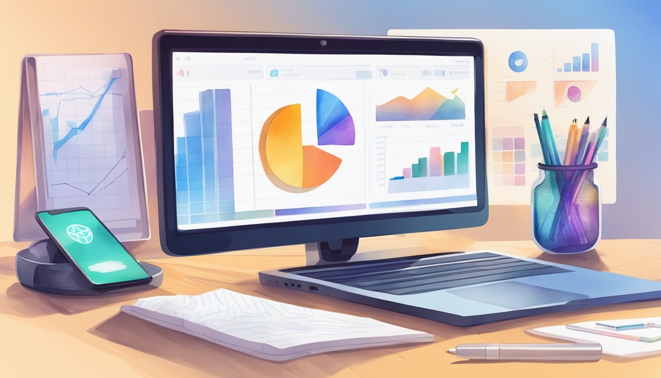 A desk with a laptop, phone, and notepad.</p><p>A crypto wallet logo displayed on the screen.</p><p>Charts and graphs on the wall