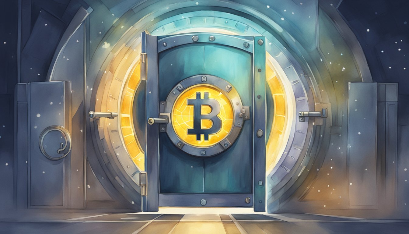 A secure vault door opening, revealing a glowing digital currency symbol.</p><p>A shield emblem appears, surrounding the symbol.</p><p>The vault door closes, with a lock clicking into place