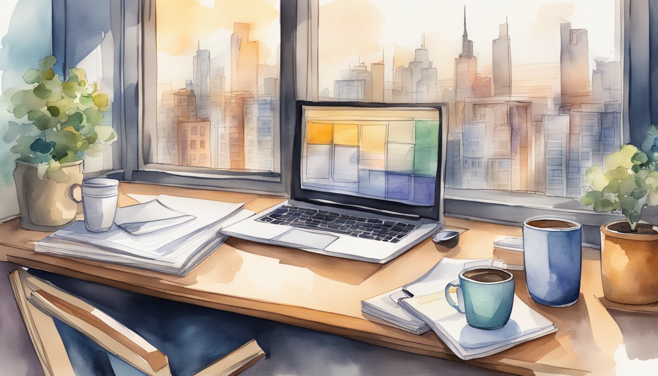 A desk with a computer, books, and charts on the wall.</p><p>A cup of coffee and a notepad with scribbled notes.</p><p>A window with a city skyline in the background