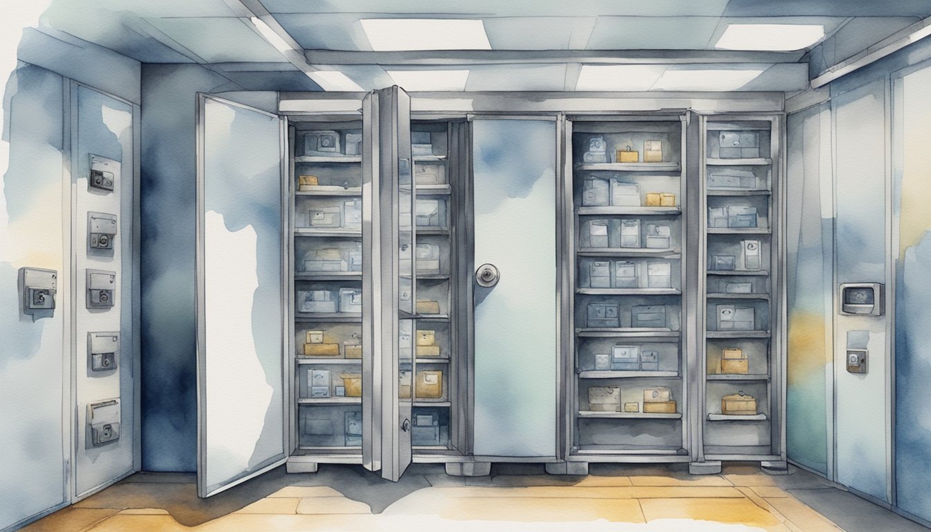 A secure room with multiple locked safes, each containing a different part of a key needed to access a crypto cold storage wallet