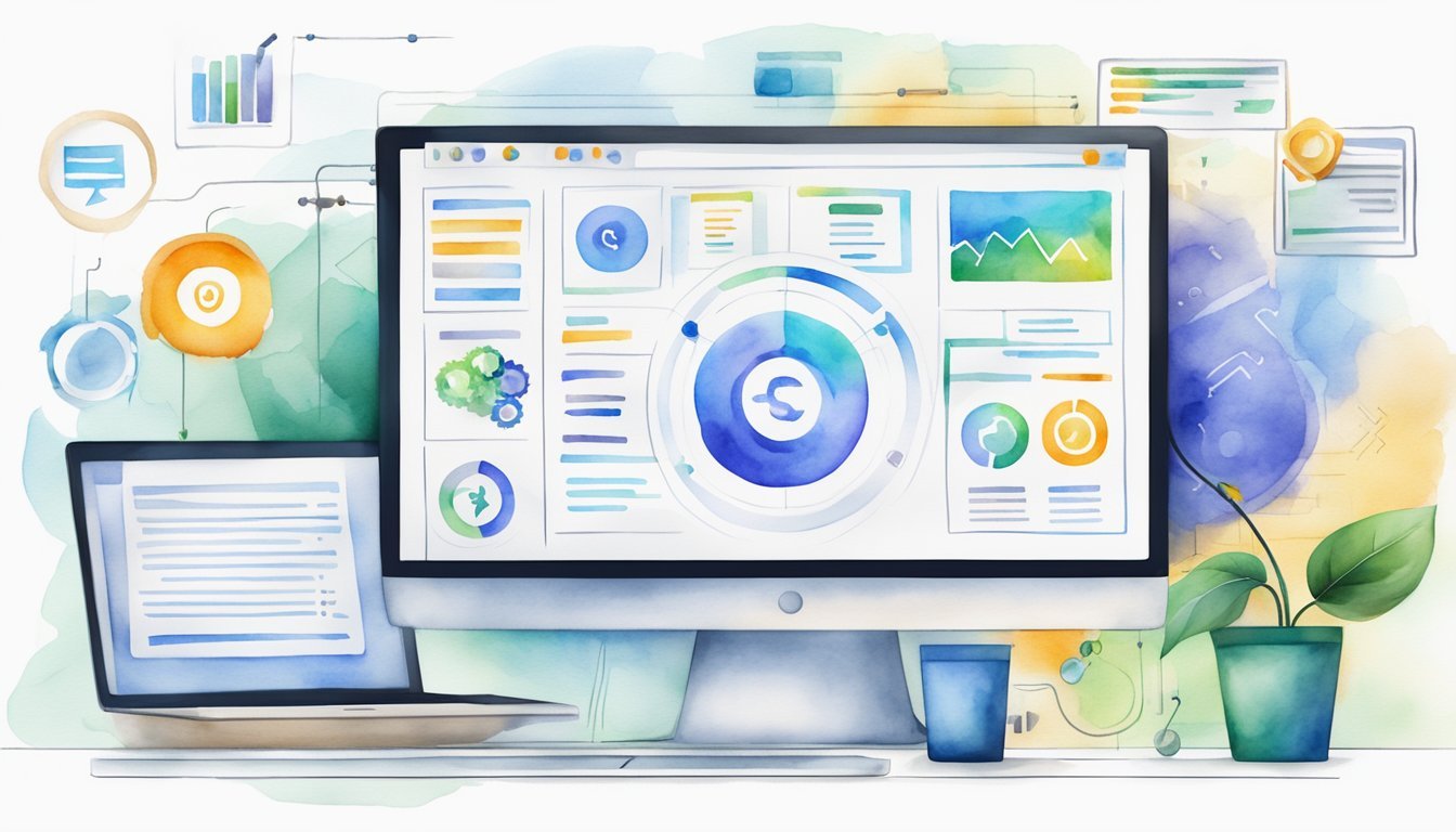 A computer screen displaying SEO strategies with a website on the monitor, surrounded by technical SEO elements like meta tags and sitemaps