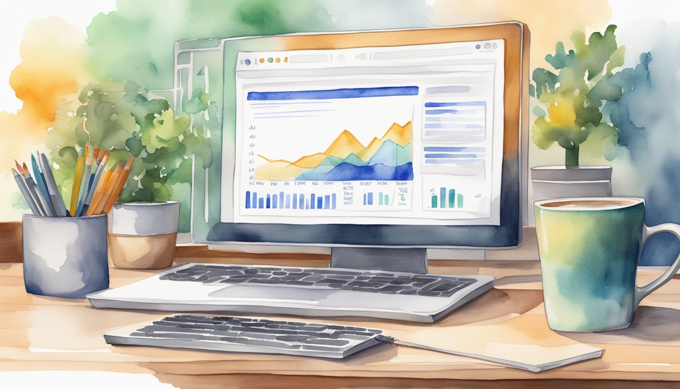 A computer screen displaying a Pay-Per-Click advertising dashboard with graphs and data, a hand hovering over a mouse, a notepad with tips written on it, and a cup of coffee on the desk