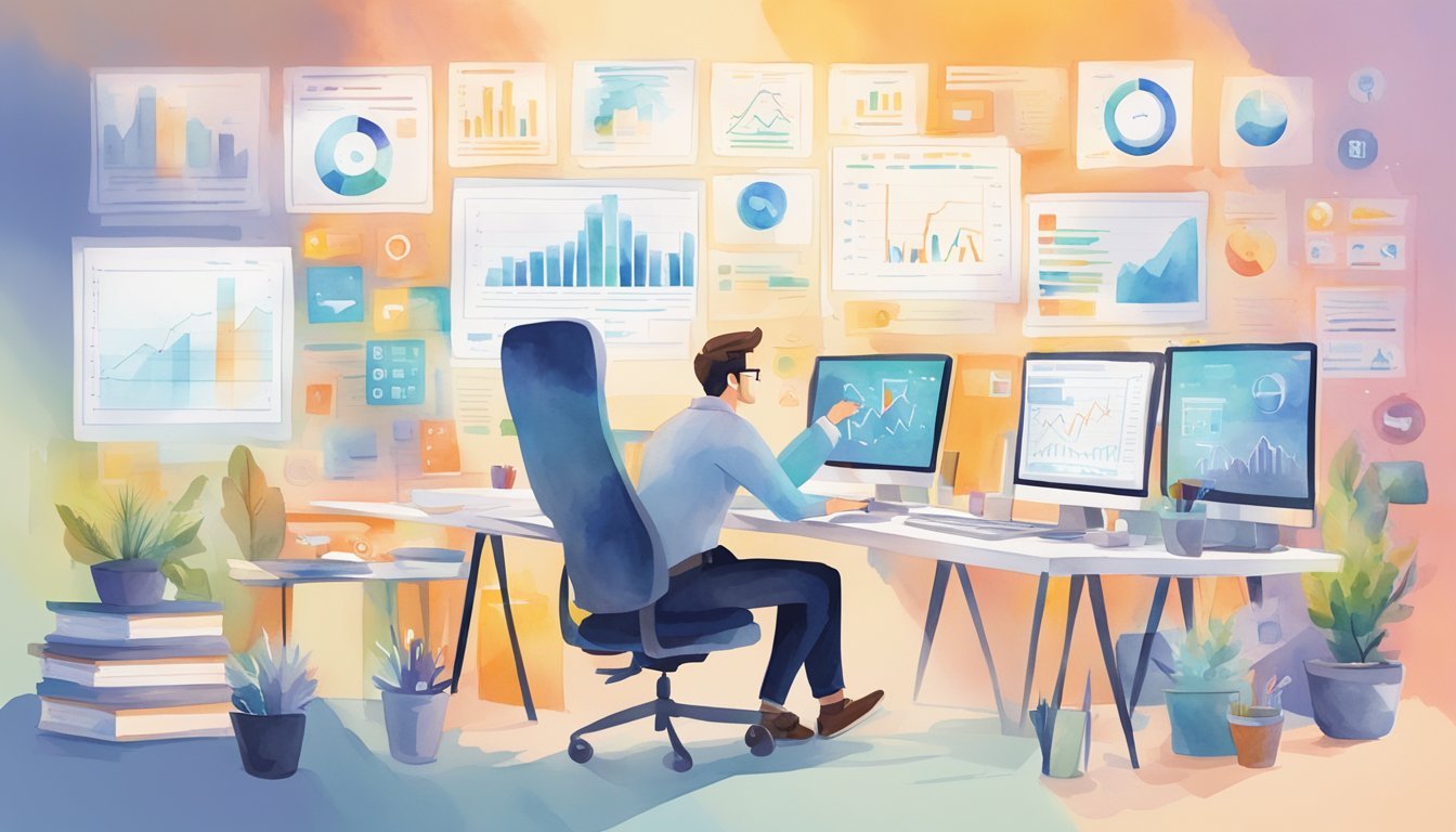 Digital marketer mastering 9 analytics tools, surrounded by computer screens, charts, and graphs