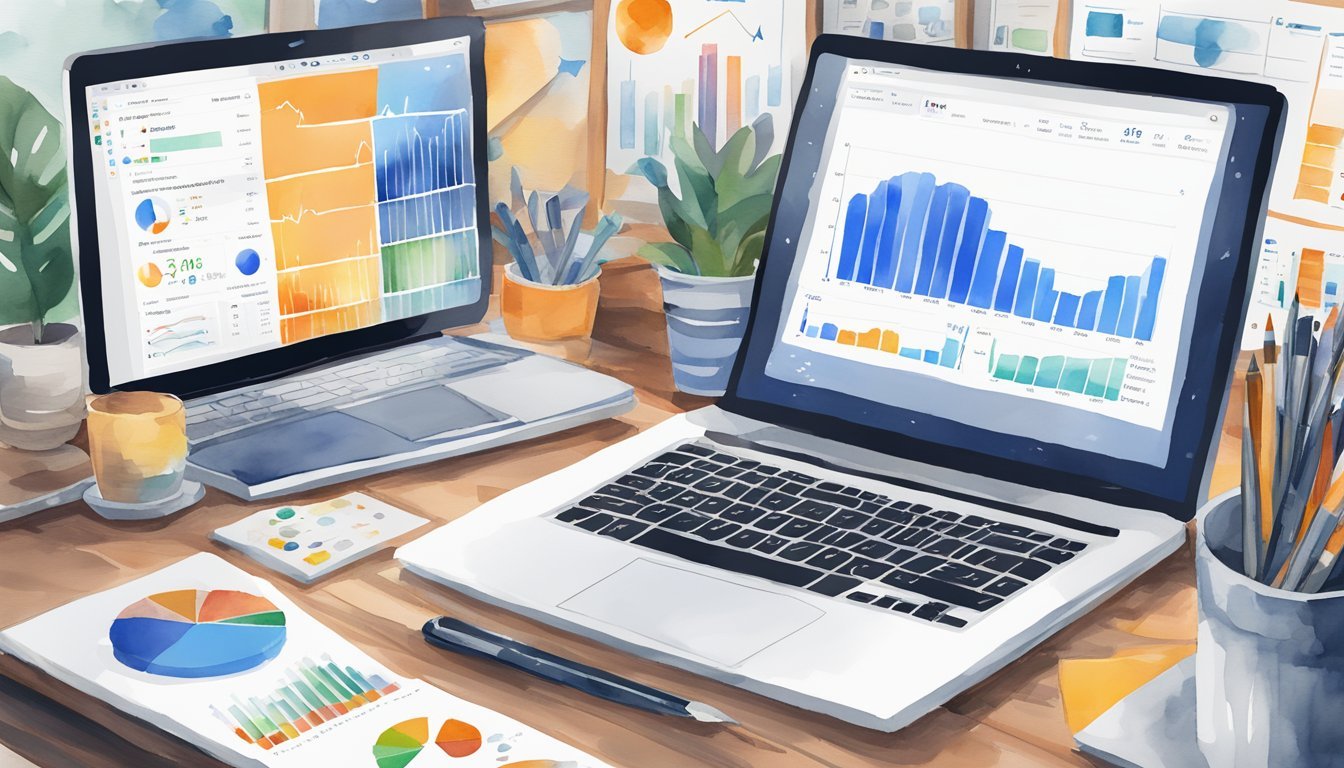 Various digital marketing tools displayed on a computer screen with Ahrefs logo prominent.</p><p>Charts, graphs, and data visualizations illustrate the analytics capabilities