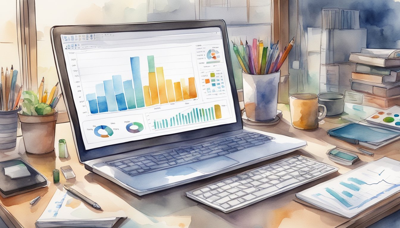 A desk with a computer, notebook, and various analytics tools spread out.</p><p>Charts and graphs displayed on the computer screen